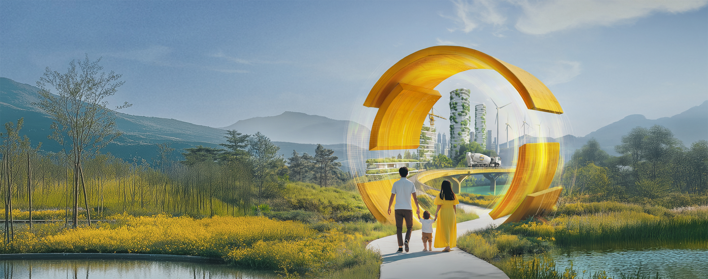 Imagem de um casal e uma criança a caminhar numa cidade integrada no meio ambiente, em cenário futurista. Contém o seguinte texto: "Partilhámos o que nos move: um material único e essencial para a construção de uma sociedade moderna, um percurso com provas dadas e um futuro impulsionado pela inovação. A transição está em curso. O futuro não é uma promessa. Já está em construção."